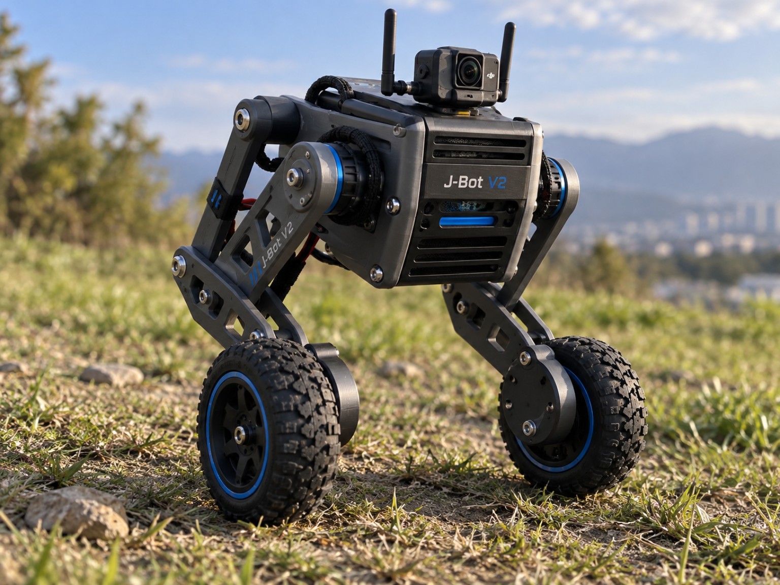 Concept render of J-bot V2, an outdoor two-wheel balancing robot with articulated legs