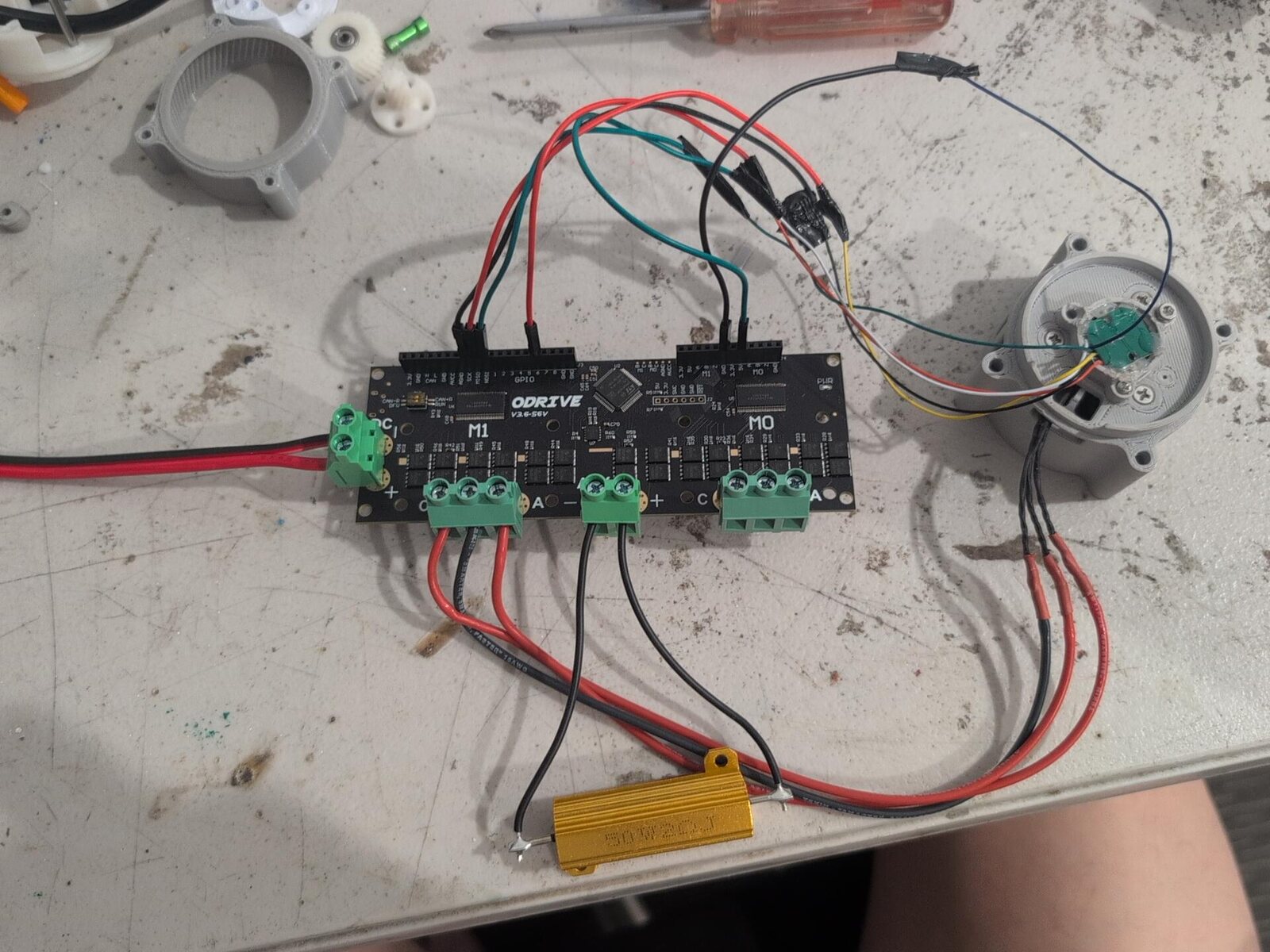 J-bot motor controller and encoder hardware on Samuel's workshop bench